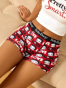 Betty Boop x SHEIN Women's Letter Cartoon Print Casual Flat Shorts - Red - View 7
