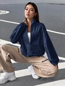 SHEIN EZwear 秋冬款落肩拉鍊夾克 - 藏蓝色 - 查看 5