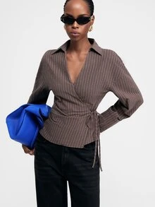 ATUI Studio Women's Striped Pleated Tie-Front Long Sleeve Blouse - Brown - View 4