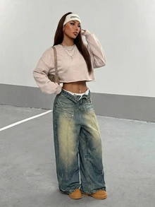 StreetHx 女款純色圓領寬鬆方正短版水洗運動衫 - 淺灰色 - 查看 4