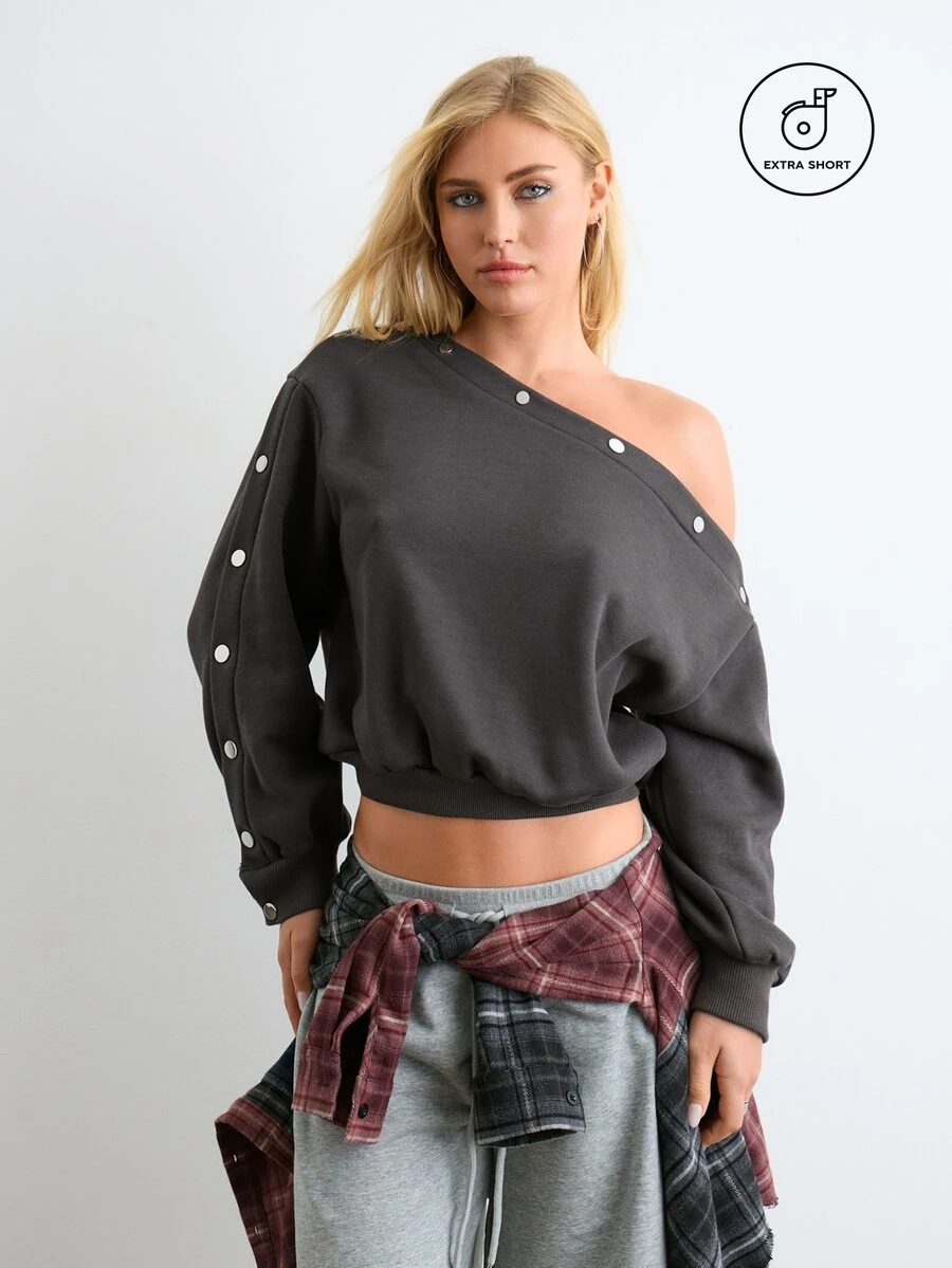 BAD SUNDAY Women's Long Sleeve Asymmetrical Shoulder Fitted Top With Metal Buckle Decor, Y2K Style, Versatile For Autumn/Winter - Dark Grey - View 1