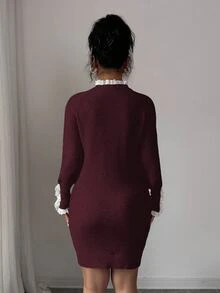 Elenzga 長袖圓領蕾絲飾邊杏色洋裝，秋冬女款服飾，聖誕節 - 紫色 - 查看 2
