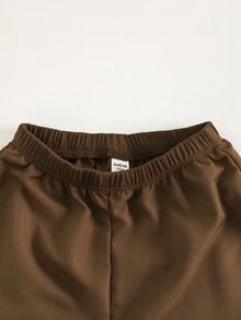 SHEIN 青少年女孩 2 件套圓領學院風可愛拼色酒紅黑 2 合 1 蝴蝶結裝飾運動衫與長褲 秋季返校校外穿搭 - 卡其色 - 查看 5