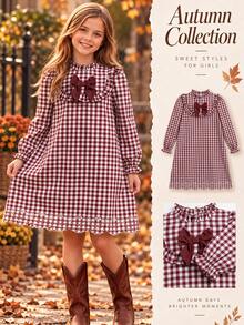 Girls Gingham Ruffle Collar Dress With Big Bow Long Sleeve Stand Neck Autumn Winter Plaid A-Line Preppy Sweet Style Dresses - Burgundy - View 3