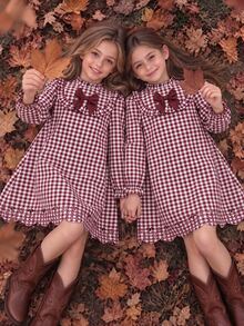 Girls Gingham Ruffle Collar Dress With Big Bow Long Sleeve Stand Neck Autumn Winter Plaid A-Line Preppy Sweet Style Dresses - Burgundy - View 1