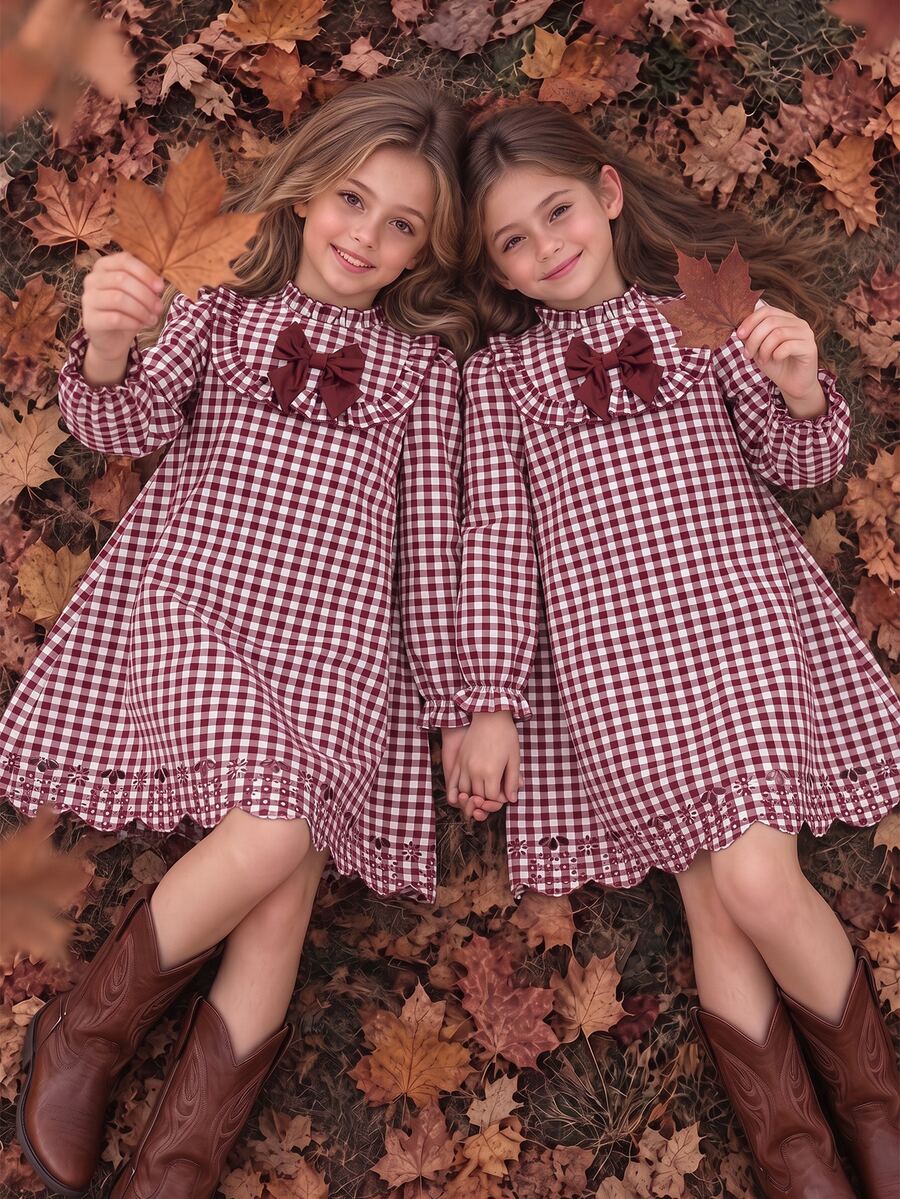 Girls Gingham Ruffle Collar Dress With Big Bow Long Sleeve Stand Neck Autumn Winter Plaid A-Line Preppy Sweet Style Dresses - Burgundy - View 1