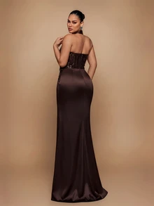 Glamrae Plus Size Elegant Romantic Halter Neck Luxury Beaded Lace Patchwork Satin Fitted Bodycon Mermaid Hem Evening Gown For Wedding Party Celebration Formal Event Dinner (Heavy Workmanship Design) - Coffee Brown - View 2