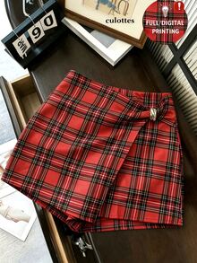 SHEIN Franclia 女款休閒格紋裙褲，腰側金屬裝飾 - 紅色 - 查看 1