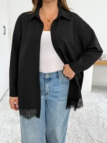Shapeblank Women's Plus-Size Long-Sleeve Button-Down Shirt – Black, Loose & Comfortable, Featuring Lace-Trim Detailing – Stylish Casual Wear For Spring & Autumn - Black - View 5