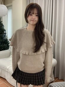 DAZY 女款素色寬鬆百褶荷葉邊休閒甜美韓風秋冬針織套頭毛衣 - 卡其色 - 查看 8