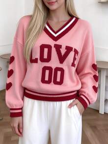 TaskSense Sweater Kasual Lengan Panjang Berkerah V-Leher Longgar Motif Hati Merah Muda untuk Hari Valentine dan Musim Gugur. - Berwarna merah muda - View 4