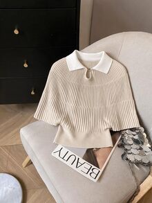 Muvela Women's Cream Ribbed Knit Polo Sweater – Elegant Collared Long Sleeve Pullover Top Chic Basic Christmas Back To School Festival New Year Party - Apricot - View 6