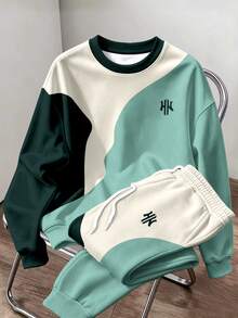 HypeHours Men's Casual Colorblock Patchwork H Small Logo Icon Long Sleeve Sweatshirt, Men's Long Sleeve Crew Neck Sweatshirt Set - Multicolor - View 1