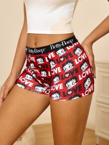Betty Boop x SHEIN Women's Letter Cartoon Print Casual Flat Shorts - Red - View 4