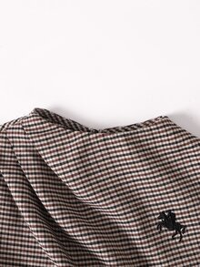 SHEIN Tween女孩 春/秋/冬休閒優雅復古配色格紋小Logo刺繡圓領抽褶腰長袖長洋裝，日常穿著 - 卡其色 - 查看 6