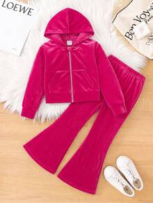 SHEIN 女童 2 件組天鵝絨連帽衛衣與喇叭褲套裝，水鑽字母圖案運動褲休閒 Y2K 冬季返校校園穿搭 - 玫紅色 - 查看 6