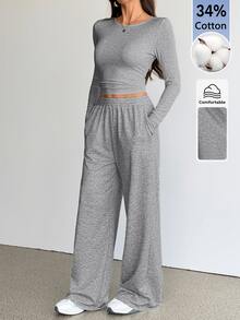 SHEIN Tall 女款純色圓領長袖T恤與長褲休閒兩件套居家日常淺灰色秋季 - 灰色 - 查看 8