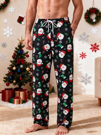 Manfinity Homme Winter Men's Santa Claus Print Drawstring Waist Pants Attending The Christmas Party Wearing The Same Outfit For Both Men And Women.