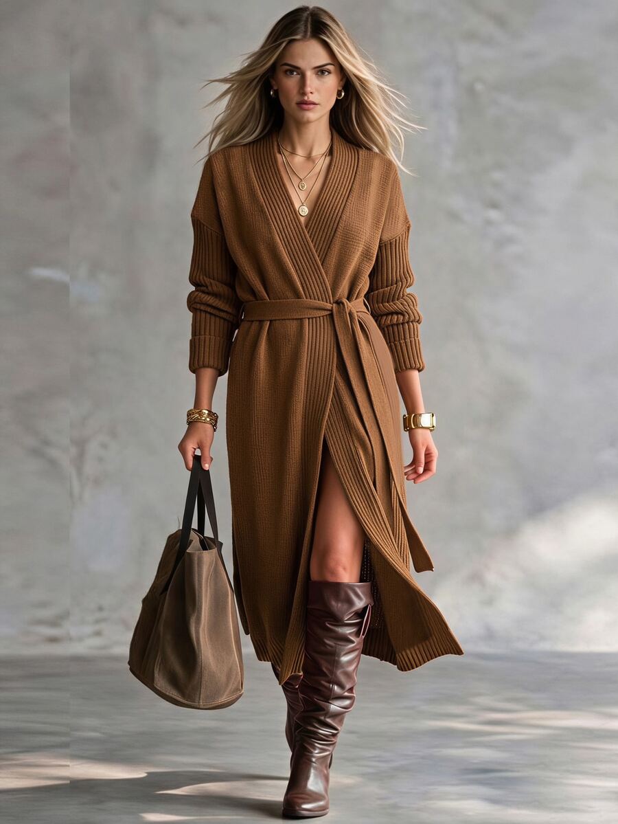 Lumivelle Slouchy Autumn/Winter New Thick Knit Cardigan For Outerwear - Camel - View 1