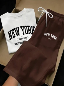 SHEIN Essnce 女款字母印花圓領短袖T恤與抽繩腰長褲休閒套裝 - 棕色 - 查看 1