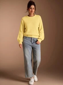 SHEIN BASICS 女款休閒百搭米白色圓領長袖針織毛衣，秋季女裝，適合上班、日常、居家、辦公室穿搭 - 淡黃色 - 查看 7