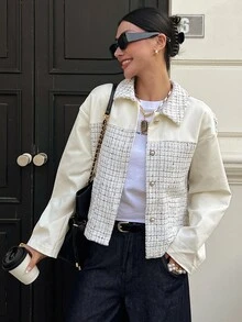 Livesso Jaket Wanita Kasual Serbaguna Longgar Lengan Panjang Berkerah Putih Musim Gugur/Dingin - Putih - View 6
