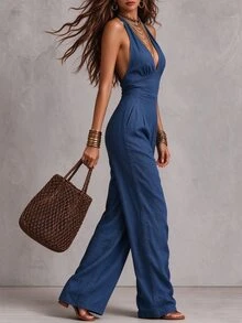 Trelyra Jumpsuit Halter Ikat Kasual Ukuran Besar - Biru - View 6