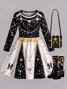 Young Girls Long Sleeve A-Line Dress, Round Neck Gold Chain Print, Baroque Print Birthday Party, Stage Performance Outfit - Multicolor - View 3