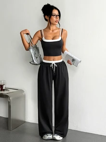 SHEIN With My Calm 2pcs Dark Grey White Contrast Outfit Set, Adjustable Spaghetti Strap Cami Top & Side Pocket Wide Leg Pants, Drawstring Waist, For Fitness Daily Summer - Dark Grey - View 1