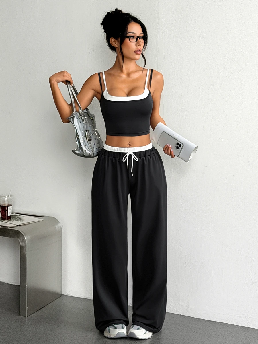 SHEIN With My Calm 2pcs Dark Grey White Contrast Outfit Set, Adjustable Spaghetti Strap Cami Top & Side Pocket Wide Leg Pants, Drawstring Waist, For Fitness Daily Summer - Dark Grey - View 1