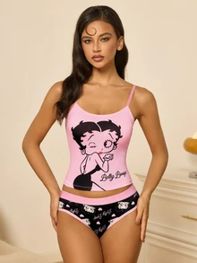 Betty Boop x SHEIN Women's Letter Cartoon Print Camisole Lingerie Set - Pink - View 3