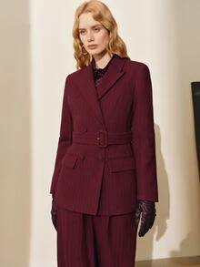 MOTF PREMIUM WOMEN'S STRIPED WOOL BLEND BELTED BLAZER JACKET, AUTUMN/WINTER - Burgundy - View 6