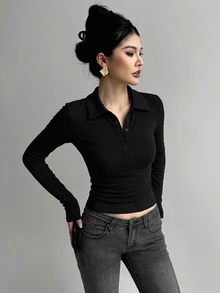 DAZY Solid Color Slim Fit Polo Collar Long Sleeve Casual Everyday Versatile Women's T-Shirt - Black - View 5