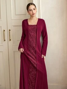 Graceveil Autumn/Winter Burgundy Lace Patchwork Long Sleeve Elegant Long Dress For Wedding And Evening Party - Burgundy - View 3