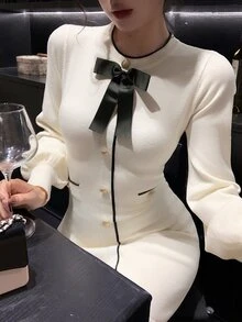 DAZY Women's Bow Decor Single-Breasted Long Sleeve Elegant Knit Dress - Beige - View 5