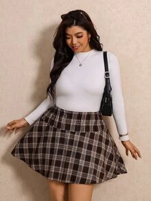 Elaquor Plus Size Women's Elastic Waist Plaid Casual Skort - Multicolor - View 6