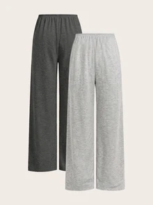 SHEIN EZwear 舒適黑色米色針織長直筒褲，附口袋設計，休閒基礎款，夏季居家休閒褲 - 彩色 - 查看 2