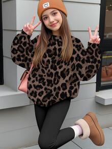 青少年女孩休閒極簡復古風豹紋美拉德色系圓領抓絨衛衣＋鬆緊腰長褲套裝，適合秋冬，時尚Y2K獵豹紋，秋季新款街頭風返校舒適穿搭 - 彩色 - 查看 2
