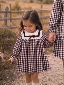 SHEIN Baby Girl Bow Decor Plaid Long Sleeve Cute Dress - Red - View 4