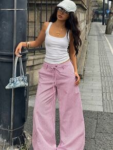 Coolane 女款夏季街頭風休閒基礎日常穿著圖案條紋舒適寬鬆低腰直筒寬腿高腰長褲 - 紅色 - 查看 6