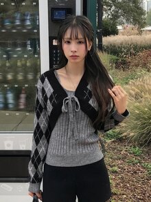 DAZY Slim Fit Ribbed Camisole & Plaid Cardigan Vintage Elegant Vacation Korean Style Autumn/Winter Women's Sweater 2 Pieces Set - Grey - View 6