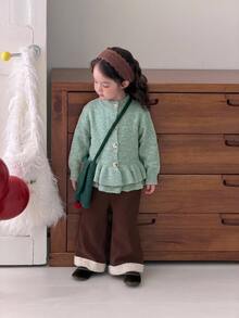 DAZY 嬰兒/幼兒（女童）荷葉邊飾休閒韓風純色秋冬長袖開襟衫 - 綠色 - 查看 4
