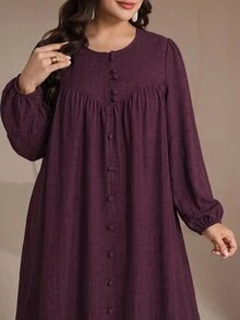 Veilorie 大尺碼女款鈕扣百褶優雅東南亞風休閒端莊阿拉伯式長裙，灰色，適合度假、辦公、正式場合、洗禮，秋季 - 酒紅色 - 查看 7