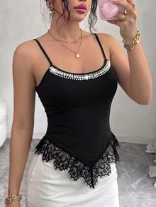 Elenzga Women's Faux Pearl Decor Casual Daily Wear Camisole Top - Black - View 4