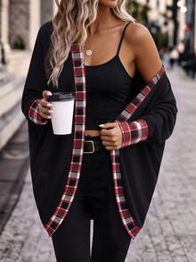 Lounesse Plus Size Women's Plaid Colorblock Casual Versatile Long Sleeve Jacket - Multicolor - View 3