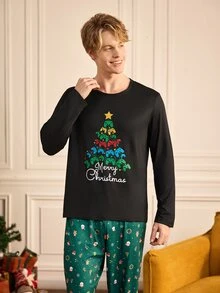 Notgurli Christmas Men's Printed Long Sleeve Loungewear Top - Black - View 4