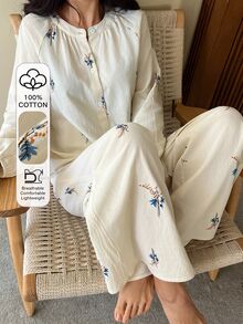 DAZY 2pcs Ditsy Floral Half-Button Loose Long Sleeve Top & Straight Leg Long Pants Women Pajama Set - Apricot - View 4