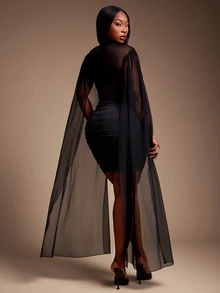 SHEIN SXY Black High Elasticity Knit Patchwork Sheer Mesh Cowl Neck Ruched Elegant Long Sleeve Fitted Mini Dress - Black - View 9