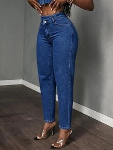 SHEIN Tall 女款不對稱腰部口袋錐形休閒牛仔褲，適合高個女性 - 深色水洗藍 - 查看 6