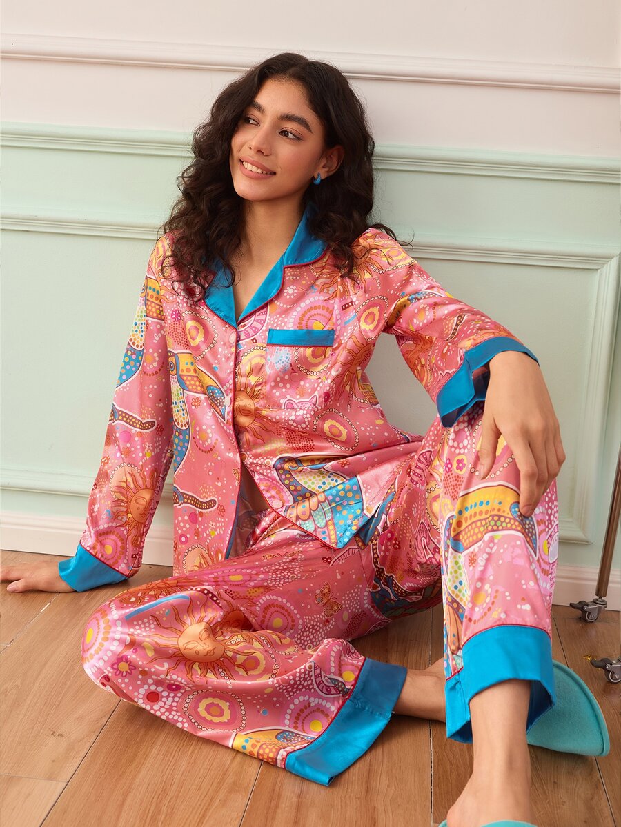 Chillnights Leopard & Parrot Colorblock Satin Women's Pajama Set - Multicolor - View 1